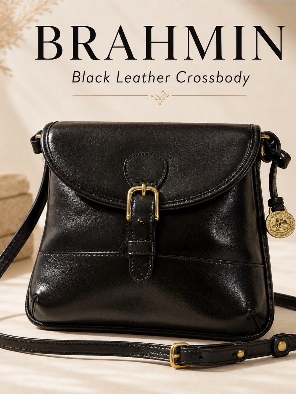 Brahmin Black Leather Crossbody with Gold-Tone Accents